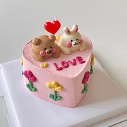 七夕情人节蛋糕装饰插件复古小熊，兔头love小花朵，爱心蜡烛情侣插牌