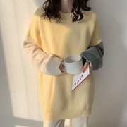 欧货中长款黄色毛衣女秋冬季慵懒外穿羊毛衫设计感撞色长袖针织衫