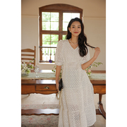竹依依时尚法式米白色，蕾丝泡泡袖连衣裙甜美短袖娃娃裙夏季女