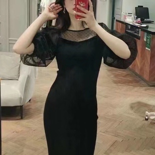 韩国品牌高端薄纱透视蕾丝泡泡袖黑色连衣裙小众设计款修身中长裙