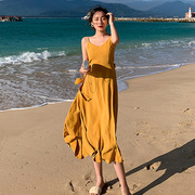 网红沙滩裙女三亚海边度假显瘦波，西米亚长裙超仙黄色连衣裙夏装