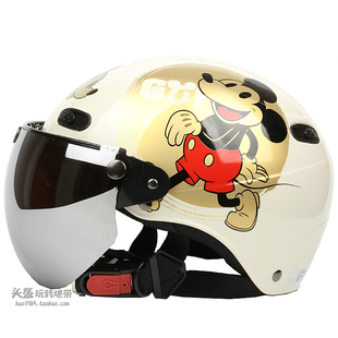 台湾evo复古金米奇白色，哈雷电动摩托车头盔，男女防晒紫外线四夏季