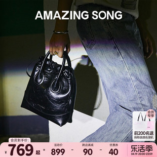 amazingsong流浪袋小号，单肩软牛皮托特斜挎包手提水桶包包女