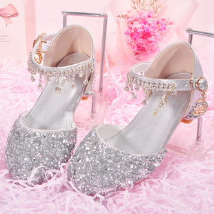水晶鞋女儿童高跟公主鞋女童银白色礼服模特演出中大童亮晶晶鞋子
