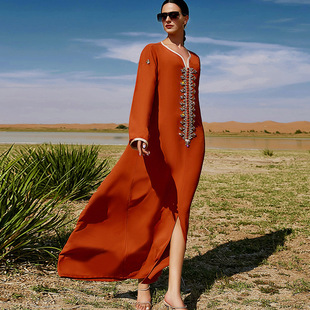 BA7055橙色手工缝钻长裙 领口织带拼接 迪拜旅游女士阿拉伯连衣裙