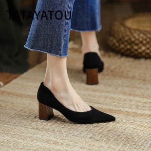 TATA YATOU他她丫头联名女鞋韩版羊皮磨砂高跟鞋浅口中跟工作鞋