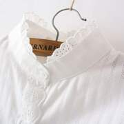 韩版文艺蕾丝花边镂空条纹立领白衬衫，女宽松纯棉，清新百搭打底衬衣
