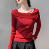 法式小香风针织衫女2023秋冬长袖洋气设计感红色一字领毛衣