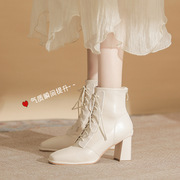 2023年韩版显瘦女粗跟高跟单(高跟单)靴真皮休闲时尚女鞋