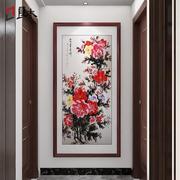 网红新中式玄关装饰画牡丹花，挂画入户正对门，壁画客厅花开富贵国画
