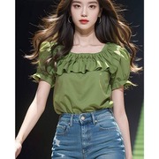 韩国法式气质chic别致短袖上衣夏季2024别致荷叶边绿色方领衬衫女