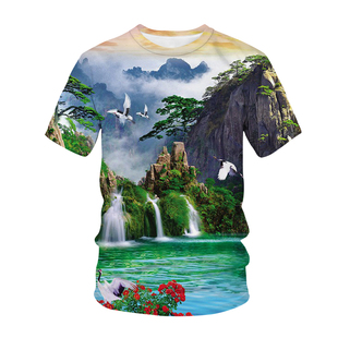 夏季男3D印花风景山川河流瀑布宽松大码冰丝短袖速干T恤半袖