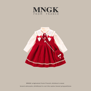 法国mngk女童小香风长袖，秋冬加厚红色，裙子套装公主冬装连衣裙加绒