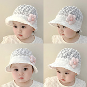 春夏薄款婴儿帽子女宝宝时尚，蕾丝花朵包头帽(包头帽，)儿童遮阳帽防晒套头帽
