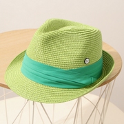 草绿色卷边小礼帽女士夏天太阳帽，遮阳防晒沙滩，度假英伦爵士草帽女