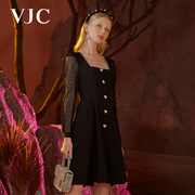 VJC/威杰思秋冬女装黑色气质方领波点泡泡袖修身连衣裙