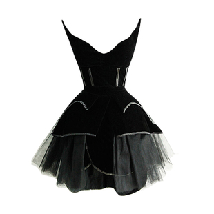 复古优雅气质高端黑色礼服裙，丝绒不规则，燕尾连衣裙短款抹胸蓬蓬裙