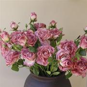 法式油画焦边仿真月季花，玫瑰花假花复古客厅餐桌花，装饰花插花紫色