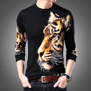 春秋男士花版毛线衣薄 创意个性3D大老虎头像图案印花针织T恤衫潮