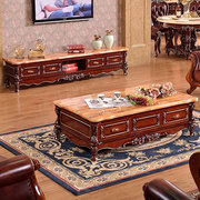 茶几大理石台面客厅实木雕花欧式橡木储物长方形茶桌大小户型整装