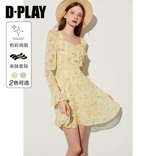 DPLAY2024春新法式宫廷领喇叭袖拼接荷叶边雪纺印花连衣裙长裙女