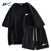 回力运动套装男夏季纯棉重磅黑色短袖短裤2024品牌两件套男士