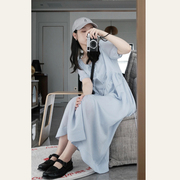 高级设计感小众蓝色，连衣裙女夏季2023韩版法式泡泡袖宽松长裙