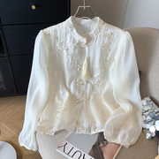 复古气质盘扣白色立领雪纺衫女春季中国风设计感小众刺绣衬衫上衣