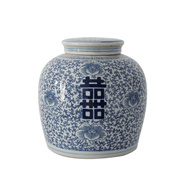 中国风青花瓷复古喜字陶瓷罐，摆件中式古典软装客厅餐桌装饰品摆设