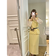 韩国针织套装浣熊绒高领，无袖背心+松紧，腰长裙两件套套装女嫩黄色