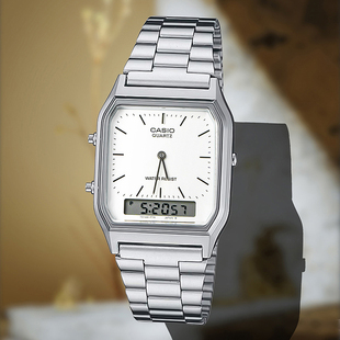 卡西欧电子表aq-230a-1d经典，复古款双显钢带，男女手表aq-230ga-9d