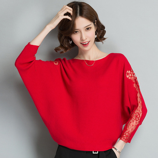 本命年大红色毛衣蝙蝠袖，羊毛衫t恤女蕾丝，绣花韩版宽松针织上衣秋