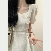 新中式国风改良旗袍裙泡泡袖方领连衣裙女夏收腰显瘦白色长裙