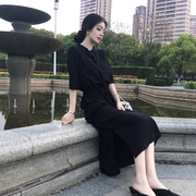 裙子女长款夏季收腰显瘦气质，长裙高级感雪纺，赫本风中袖黑色连衣裙