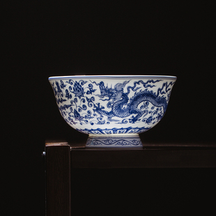骨瓷碗景德镇家用高档单个创意饭碗釉中彩中式传统复古龙纹高脚碗