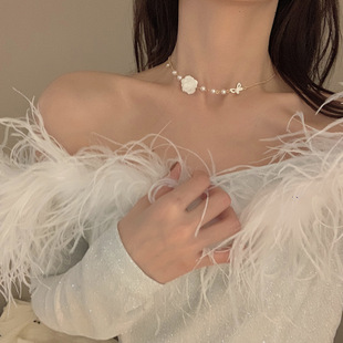simple 锆石蝴蝶玫瑰白色花朵项链女珍珠锁骨颈链夏日设计感
