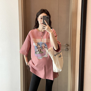 孕妇t恤短袖卡通，纯棉粉色夏季2024韩版休闲宽松中长款上衣潮
