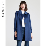 海兰丝春季气质小个子女装外套时尚水波纹蓝色双面呢大衣