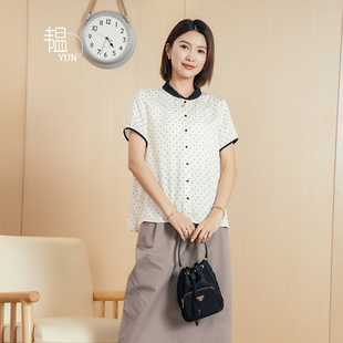 yun韫2023夏季女气质雪纺，翻领拼色波点印花短袖衬衫上衣