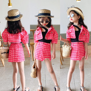 女童时尚套装夏季韩版洋气粉色包臀裙两件套牛仔短款小外套潮