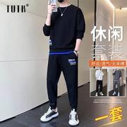 休闲运动服套装男士秋冬季潮牌加绒加厚圆领卫衣，卫裤男装搭配一套