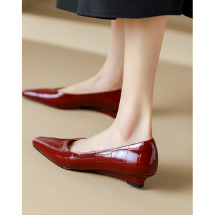 Kmeizu巨软~单鞋女春季小皮鞋方头3.5cm坡跟真皮ol职业通勤上班鞋