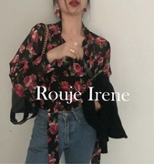 Rouje Iren法式玫瑰印花设计感小众蝴蝶结v领复古雪纺衬衫女