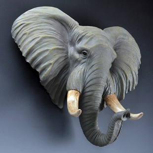 手工彩绘仿真动物摆件挂饰大象头，墙壁挂饰合成树脂动物头像摆件