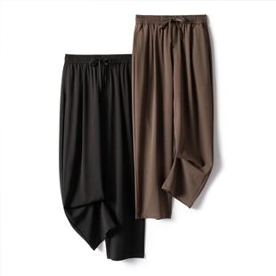 复古棕色垂感宽松直筒西裤男 夏季高级感斜纹垂坠丝滑抽绳西装裤