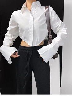 韩版宽松显瘦短款长袖设计感小众上衣全棉超长袖口褶皱衬衫女