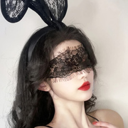 性感兔耳朵女郎蕾丝面罩，半脸黑色面纱面具发箍眼罩套装cos兔耳朵
