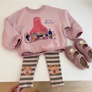 女童套装秋季卡通印花长袖卫衣，宝宝休闲洋气，条纹打底九分裤两件套