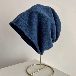 冬季日本蓝色堆堆帽加大号，男女冷帽套头帽米色羊毛，休闲针织毛线帽
