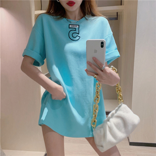 蓝色宽松大码数字印花设计感短袖T恤女夏装2021韩版数字上衣